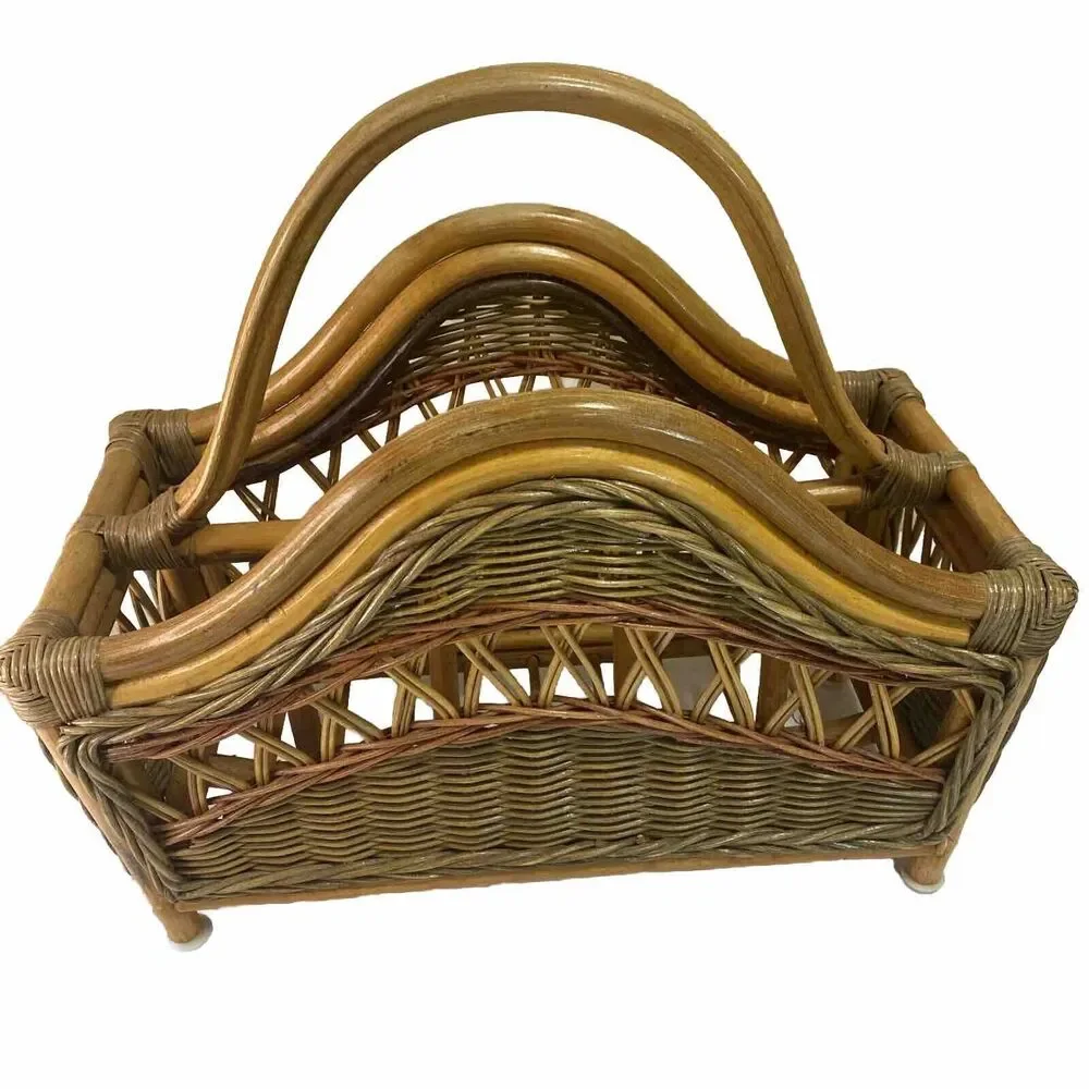 VTG Bent Wood Rattan Bamboo Rack‎ Holder Magazine Towel MCM Boho Decor 19X10x18